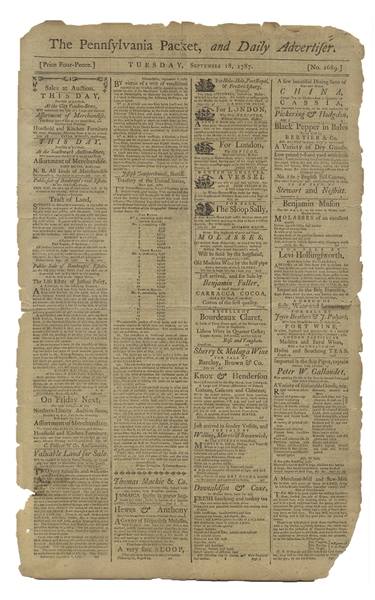Philadelphia Newspaper From 18 September 1787, Reporting on the Constitutional Convention That Ended a Day Earlier on 17 September, When the U.S. Constitution Was Signed